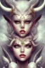 Placeholder: A young tiefling woman with a set of ram horns on her head encrusted with jewels, White-Blonde, short hair, black eyes, dressed in white and gold with lots of jewelry, beautiful, satanic tattoos on her neck,