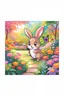 Placeholder: The cute bunny looks in awe at a striking purple butterfly flying by,colorful garden background , child book illustration style, faces must be the same as reference image