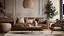 Placeholder: Home interior mock-up with brown leather sofa, table and decor in living room, 3d render