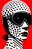 Placeholder: woman with red paint on full face, black round sunglasses, black and white swimming cap on head, black turtleneck, side view by joe scott , afrofuturism, futuristic, pop art, geometric, bizarre, surreal