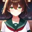 Placeholder: Clear focus, High resolution, short dark brown fluffy hair, green eyes, wearing a sailor uniform, red tie, yandere