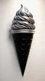 Placeholder: "A wall-mounted 3D sculpture of an oversized ice cream cone, with a swirl of metallic silver ice cream atop a bold black cone. The textures of the cone are intricate, and the metallic finish shines under focused lighting. Displayed on a white wall for a sleek effect. 3D realistic rendering."