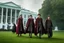 Placeholder: realistic young Harry Potter movie characters in front of white house