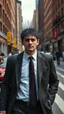 Placeholder: A man with suite carrying a business bag walking in the new York street , his head is a covered with needles , no nose or mouth