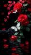 Placeholder: The image is a digital artwork that depicts a branch of tree of Red roses and leaves tangling in to a water in the river with aThe rose floats on the surface of the water, creating a wave-like effect. The background is black, which makes a branch of a tree of red roses stand out even more. Water droplets are scattered adding to the dreamy, ethereal quality of the image.all leaves and background are red. A white butterfly is hovering above