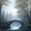 Placeholder: fantasy art, book illustration, wagon on a bridge , old mill wheel ,icy water,seen through the tree tops, icy frame