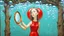 Placeholder: Bubble Wonderland, A figure is holding a mirror that reflects their hidden expression, gouache, mirrored foil, red ballon, primitive, symbolism