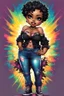 Placeholder: vibrant psychedelic comic book image, airbrush, 48k, cartoon art of a chibi curvy black female wearing torn jeans pants and a black tie dye off the shoulder blouse. Prominent make up with lush lashes. Highly detailed short pixie cut