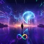 Placeholder: 3D infinity symbol ∞, infinity figure-of-eight symbol is totally-symmetrical and brightly coloured, man silhouette facing epic scene of building, glowing earth, water, network and lights, exotic, inspiring, fantasy, neon, friendly, beautiful, octane render, 8k post-production, artstation: award-winning: atmospheric: commanding: fantastical: clarity: 16k: ultra quality: striking: brilliance: liquid medium: stunning colors: amazing depth; lens: f/8, 28mm