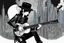 Placeholder: Mixed media picture, the background is black and white line art 3d cyber city In the middle a colorful photo of an attraktive goth asian man playing on the old guitare , wearing goth dark blue clothsirt, shiny black jeans, steampunk black hat and black boots, his hair is deep blue-black-silver colors, enhancing the contrast between her and the black and white cityscape space