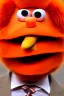 Placeholder: a Film Photograph of an orange Donald Trump Muppet made of felt and fur yelling at everybody