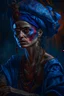 Placeholder: Bosch paint style Title: "gypsy dancer, in blue background , insanely detailed octane render trending on artstation, 8k artistic photography, photorealistic concept art, soft natural volumetric cinematic perfect light, chiaroscuro, award-winning photograph, masterpiece, oil on canvas, Raphael, Caravaggio, Greg Rutkowski, people, beksinski, Giger