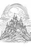 Placeholder: A vampire castle on a hill, surrounded by fog and illuminated by lightning. Outline, sketch style, only use outline, mandala style, clean line art, white background, no shadows, no clear wall, coloring page.