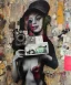 Placeholder: happy beautiful girl holding big proffesional camera in studio. street art, oil on canvas, spray paint, collage, letters, newspapeers, Dave McKean, Vladimir Fedotko, Saturno Butto, Vaughn Bodé, Frank Wu, James C. Christensen, collage, dirty, paint dripping, radiant