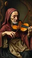 Placeholder: Hieronymus Bosch style , an old woman playing the violin