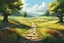 Placeholder: Illustration {crossroads, path away from viewer, countryside}, realism, realistic, semi-realistic, fantasy,