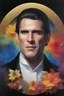 Placeholder: Count Dracula's face inside a small gold circle, Henry Cavill/Leonard Nimoy/Michael Jackson, multicolored, large, Floral/rainbow designs, atmospheric, beautiful, bright, vibrant colors, pitch-black background, oil painting by Boris Vallejo, 4k UHD, Photorealistic, professional quality