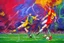 Placeholder: Oil painting, football match, the striker is kicking a goal, the ball is flying, bright but not neon colours, dynamic lines, dynamic blobs, spots, lines in the background of the character, like a colour explosion