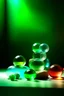 Placeholder: glass balls of different sizes balance on large and small stones of different colors, behind a light green background and a bright glow