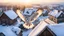 Placeholder: angel's view shows the camera barn owl's back flying over a winter small village, snowy landscape, little light, sunrise, some small Hungarian old country houses from above, perspective, high detailed, sharp focuses, photorealistic, cinematic