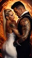 Placeholder: Jason david frank muscular male with short dark hair and tribal tattoos wearing a designer suit, whispering in ear of young blonde woman wearing white dress. fantasy, hyper realistic