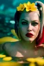 Placeholder: Liv Tyler Harley Quinn underwater with yellow flowers for hair, closed eyes, rtx, reflection, 8k, glow, winning photography, caustics