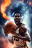 Placeholder: 8k, highly realistic and detailed image of a NBA basketball player in action dunking the ball in the net, sweaty hair, screaming look,action and smoke and flames background