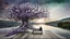 Placeholder: back to the camera a figure sittings on amorph shape bench in a beautiful landscape and overlooking the water of the nearby lake, calm, harmonious atmosphere, muted dark colors, purple, white, gray, green, blue, brown, silver, black , ,not too colorful colors, Whimsical style and giant stunning neuron network all over the sky, half shadow and half light abyss, surreal stunning vibe