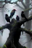 Placeholder: A group of crows standing on a scary tree without leaves . its skin is covered in moss and lichen, allowing it to blend seamlessly into its surroundings. Forest Spirits feed on the energy of trees and can create thick fog to confuse their victims.