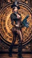 Placeholder: Full Body photo of a steampunk burlesque Woman With straight hair and a Fringe Hairstyle, holding a laser gun, sci-fi steampunk Background