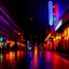 Placeholder: cyborg on city street poignant neon lights rainy atmosphere, clear view, high detail, mechanical, circuits