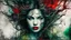 Placeholder: old worn torn, multi-layered cracked canvas, fine detailing with alcohol ink, Captivating realistic painting of a WOMAN, fair face, red lips, splashes of color, HORNS, FANGS, BLOODY TEARS, Multiple exposure, fluffiness, her face is illuminated, her hair merges with swirling fractal vines and tree roots, dark green foliage, symbolizing the unity of strength and wild nature. Flowing hair dissolves into intricate, endless patterns, as if they are protectors and part of the same organic force. Moon