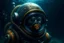 Placeholder: a fish swimming inside of the deep sea diving helmet with the diver making funny faces, hyper photorealistic, hyper detailed realistic art color, high resolution, fog, octane render, tilt shift, HDRI Environment