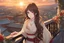 Placeholder: woman with long brown hair, red eyes, pale skin, highly detailed, intricate background, standing on a balcony during sunset, contemplative, anime style, Genshin Impact inspired, dynamic composition