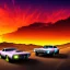 Placeholder: art deco, cyberpunk, two neon muscle cars, race, speed, desert road, sunset, full colour, hd,