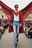 Placeholder: A guy on a fashion runway with superman clothes style embroidery without cape