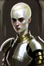 Placeholder: Full size painting, slender sweet 22-year old blonde female with grey eyes, shaved head, wearing armour