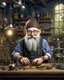 Placeholder: Eccentric gnome inventor with wild grey hair and spectacles. Bright curious eyes. Multiple gadgets and tools on belt. Medieval-fantasy steampunk clothing mix. Excited expression. Workshop background, warm lighting.