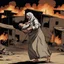 Placeholder: A Palestinian woman wearing the Palestinian dress carries her dead son as she screams and cries at night, with explosions in refugee tents behind her.