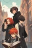 Placeholder: two boys with ginger hair plus a teenage punk girl with dark hair are standing in characteristic book cover-style poses. The black cat is with them. They are young amateur detectives. The town street in the background, a mysterious atmosphere