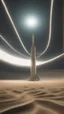 Placeholder: realistic photo of a landscape covered in sands that looks futuristic with futuristic lighting, a rocket base ready to be launched in the space