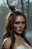 Placeholder: Camilla luddington face, big busty hitomi tanaka, texture skin,Crystal yellow eyes, long white hair, wearing The Lara Croft, realistic, 4k, intricate, best quality, fog particles, fire particles, octane render, vray, sword fire, rain