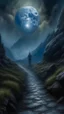 Placeholder: narrow stone path above the ground gradually getting higher into the clouds no railings, dangerous drop people in black leathers medievil period weather is wet spiraling into the clouds fantasy, a valley in mountains with a moon showing in the background human skuo on the sides of the trail