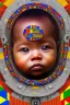 Placeholder: futuristic baby portrait in Kente, rusted clocks eyes, cinematic, scaffolding, ghana flag, african pattern symbols, engraved, 8k quality