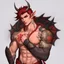 Placeholder: A Young Adult Male. A unique blend of Wood Elf and Red Tiefling features. His handsome face contrasts with the Yakuza dragon tattoos that completly cover his back, arms, and legs. He is wearing a torn coat. A physique that is strong and well-built, resembling a Fighter.