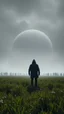 Placeholder: A field of random people at the end of the picture gray background an giant dark shadow of hooded human figure standing in under blurry gray planet cinematic, 8k
