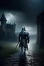 Placeholder: a knight going to a dungeon in a stormy night,