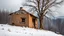 Placeholder: a lonely old adobe hut with worn adobe brown-gray wall and a small window, a crumbling roof, an old chimney stands on a hill, next to it is a small woodshed by the wall, and an old withered tree leans over the hut on thr old tree sitting a black crow, the hut stands on the edge of a European forest, winter, snowy landscape, low light, dawn, snow, high detailed, sharp focus, high realistic, perfect photo