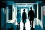 Placeholder: Two doctors - a woman and a man, talking in a hospital corridor. Visible from a distance. Whole silhouettes. Bright picture. People walking along the corridor in the background. Silhouettes brightly lit. Very clear. The characters are young and very handsome. Very realistic. Doctors visible from a distance - whole silhouettes - from head to toe. Caucasian people. Figures lit from the front.