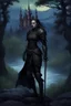 Placeholder: A formidable warrior girl in black armor, against the background of an amazing gloomy landscape, flooded with the light of two moons - blue and green, mountains, trees, a fabulous scary landscape, juicy emotions, painting, dark fantasy, gloomy day, dark world, portrait, Gothic Town At Night, Fantasy, Intricate Details, Castle Courtyard Gardens, Hyper Detailed, Jean Baptiste Monge, Carne Griffiths, Michael Garmash, Seb Mckinnon, Masterpiece